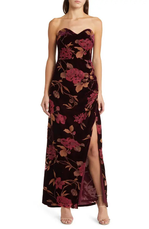 Lulus Exquisite Floral Velvet Burnout Strapless Gown in Plum Purple Floral Print at Nordstrom, Size X-Small | Nordstrom