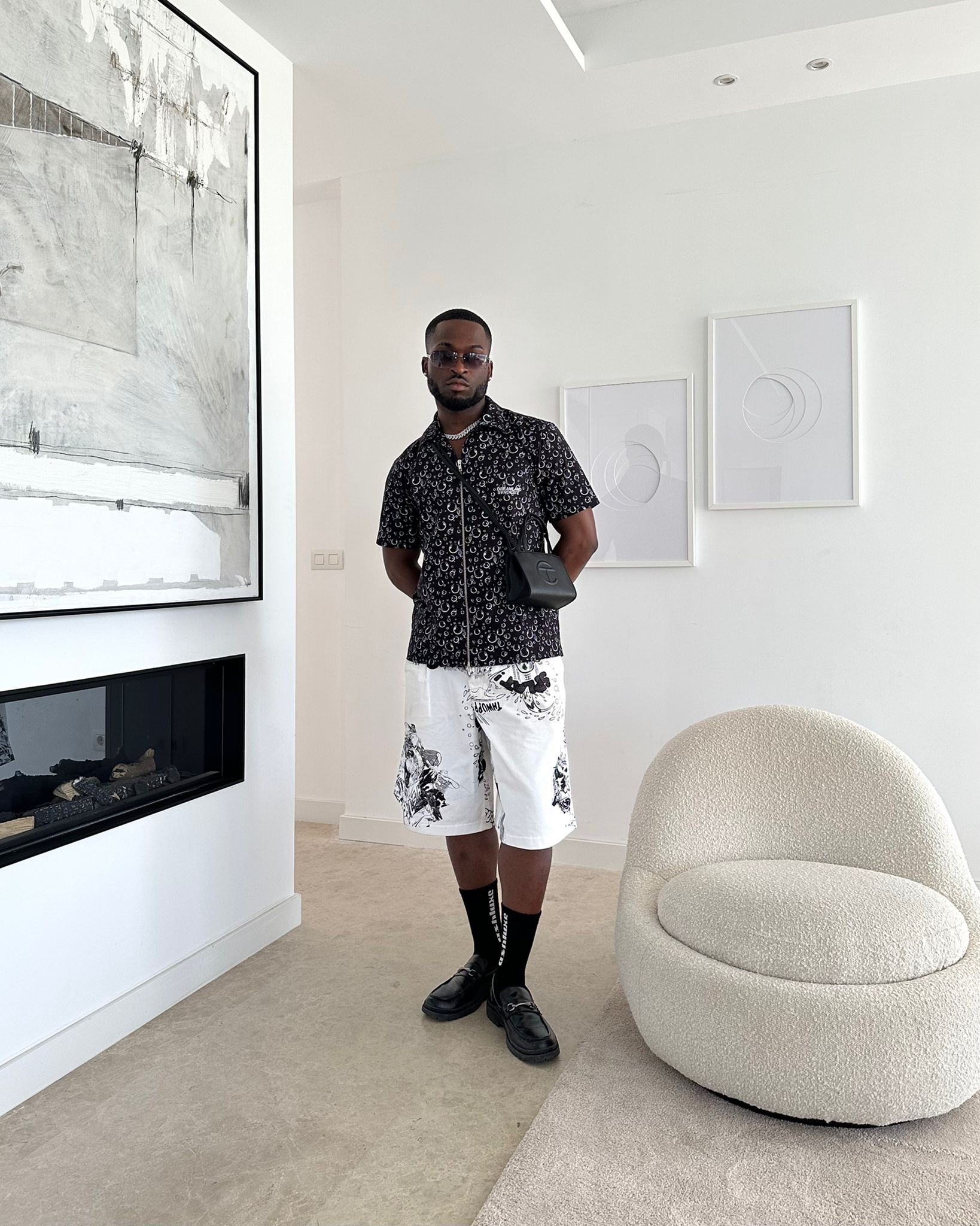 Black graphic print shirt, white longline white trailered shorts, chunky loafers, silver cain, telfar black bag, commes des garçons, asos, men’s wear 

#LTKmens #LTKeurope #LTKstyletip