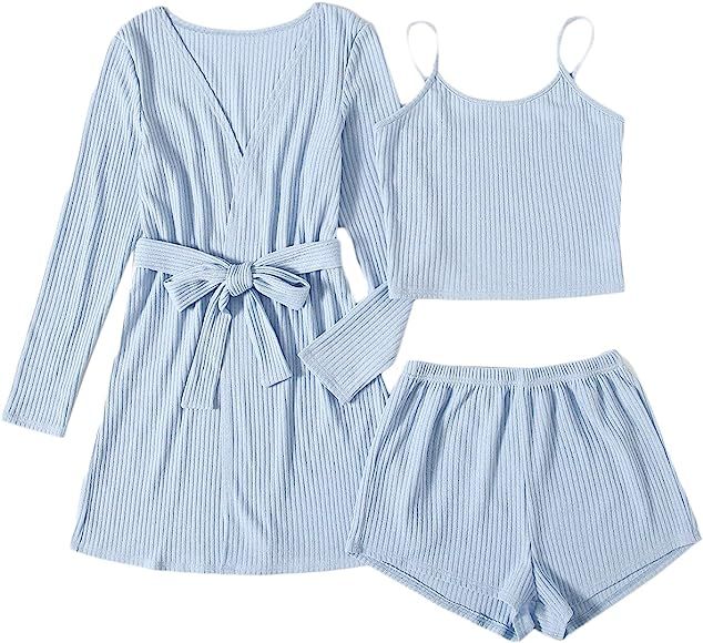 SOLY HUX Womens Pajama Sets 3 Piece Lounge Set Ribbed Knit Cami Top and Shorts Soft Sleepwear wit... | Amazon (US)