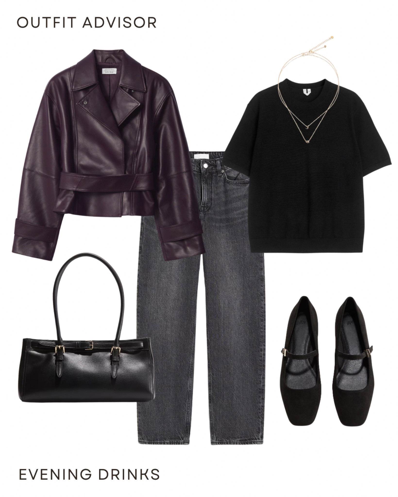 Chic autumn outfit inspo: a burgundy learning jacket, black knit short sleeve top, gold necklace, grey jeans, black shoulder bag and suede ballet flats

#LTKbag #LTKautumn #LTKstyletip