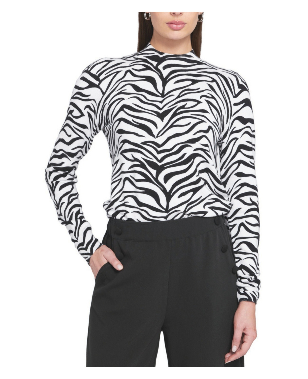 Elle Collection Women's Zebra Printed Feather Weight Top Animal Print Sweater - Zebra-black-white-stripes | Macy's
