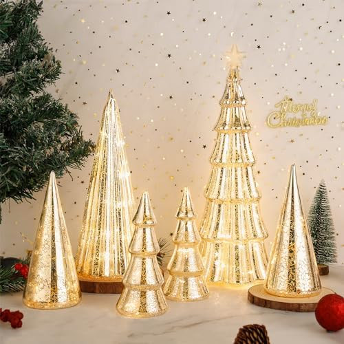 Set of 6 Mercury Glass Christmas Tree with Lights 13.8inch 7.87inch 5.9inch Small Christmas Table... | Amazon (US)