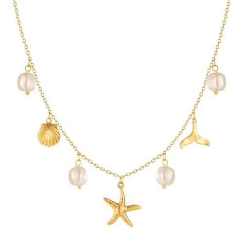 Charm Necklace for Women Pearl Starfish Seashell 14k Gold Summer Beach Surfer Jewelry Necklace Gifts (Mermaid Tail) | Amazon (US)