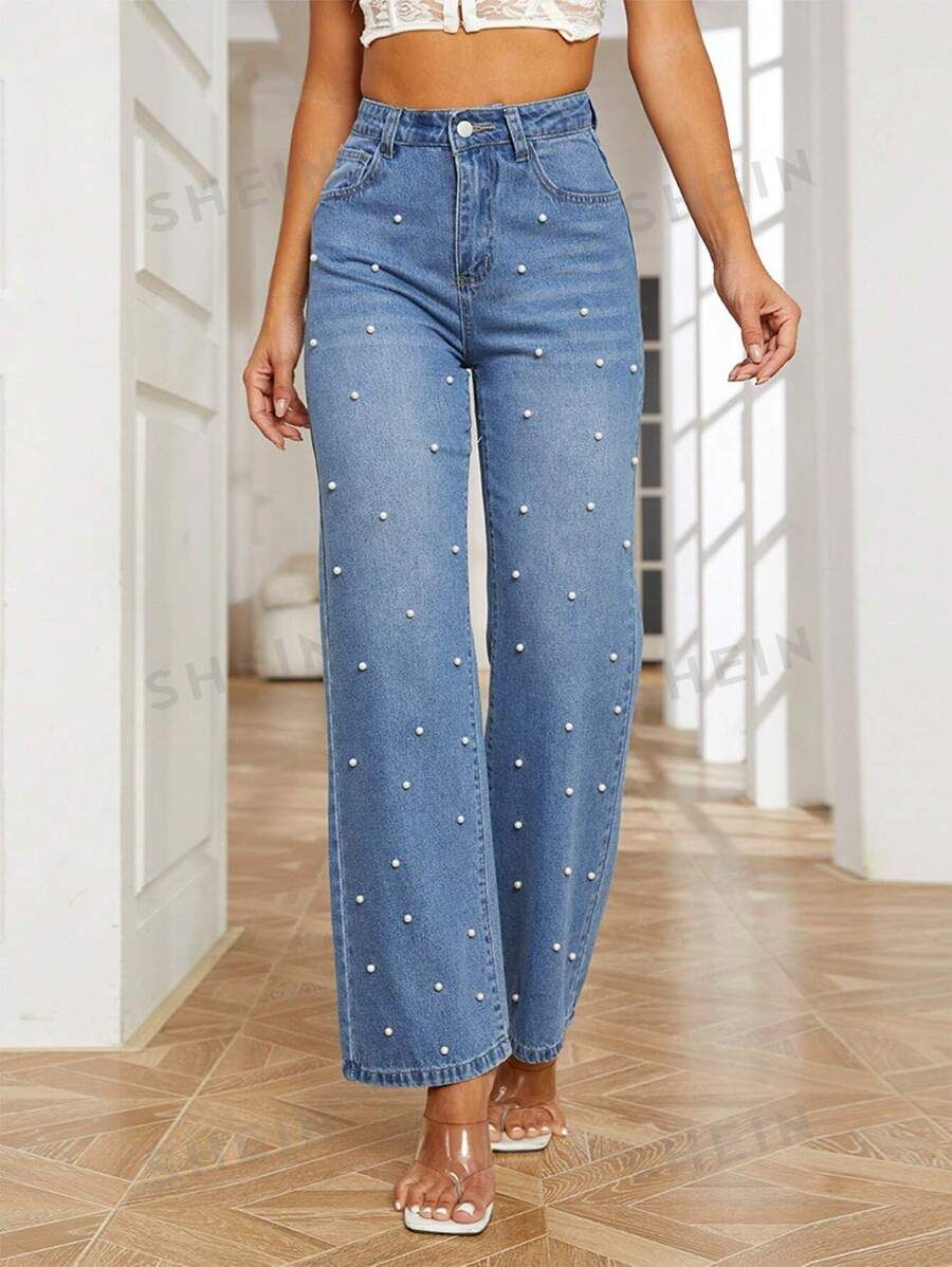 Pearls Beaded Wide Leg Jeans | SHEIN