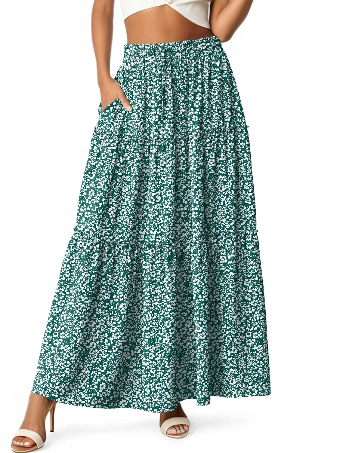 Cueply Women's Flowy Long Maxi Skirt Pleated Elastic High Waist Drawstring Tiered Skirts with Poc... | Walmart (US)
