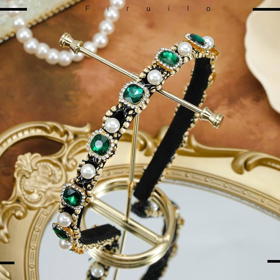 Firuilo Emerald Headband Pearl Rhinestones Hairbands Green Crystal Hair Hoop Baroque Vintage Thin... | Amazon (US)
