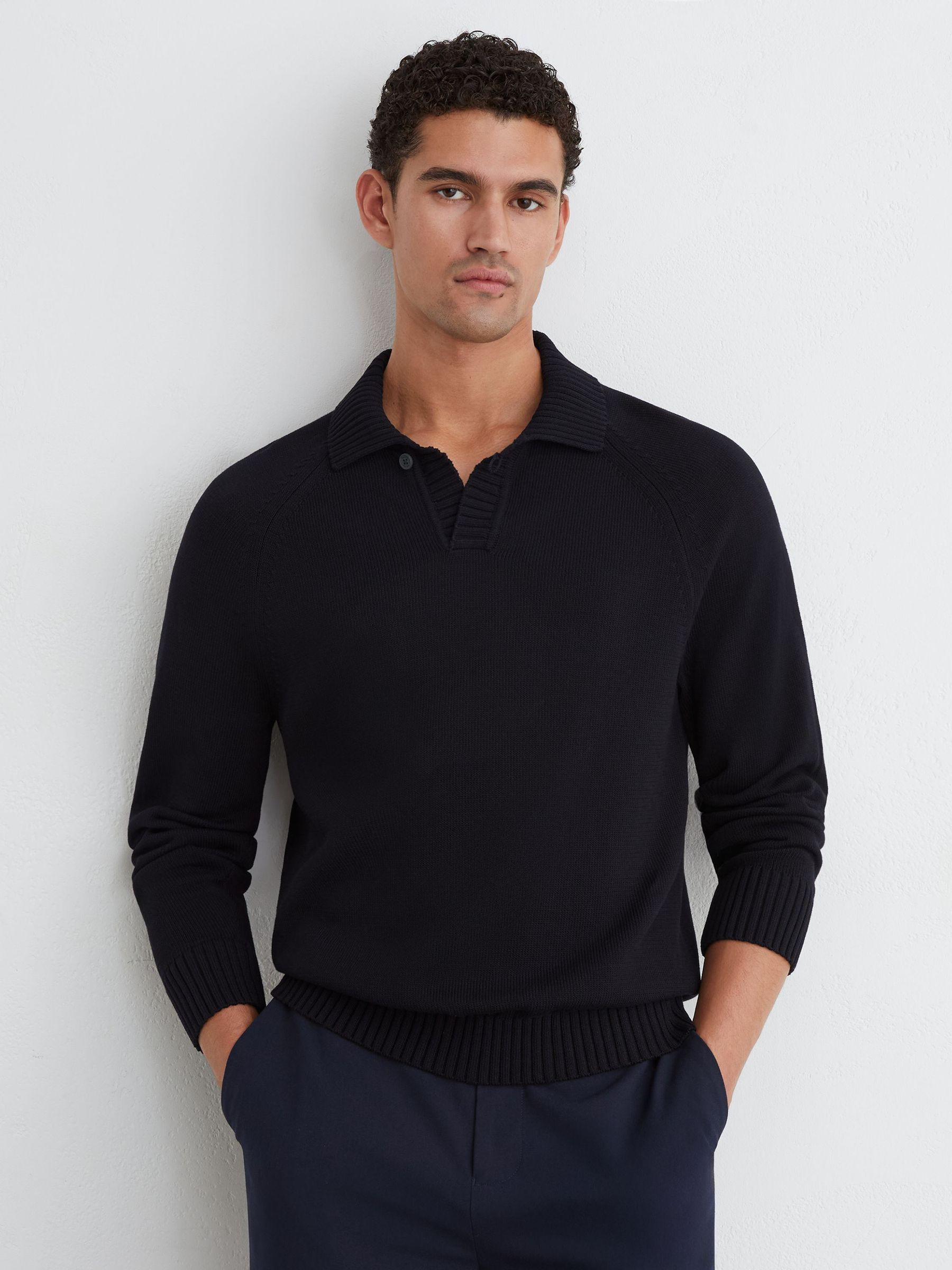 Reiss Cotton Open-Collar Polo Jumper in Navy - REISS | Reiss UK