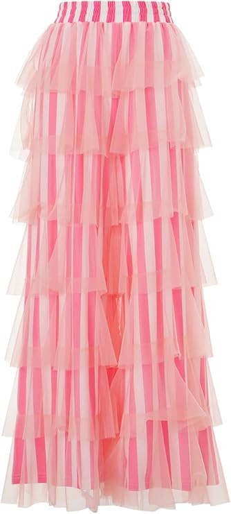 Women's Long Tiered Ruffled Tulle Pants High Waist Stripe Print Layered Mesh Wide Leg Palazzo Pan... | Amazon (US)