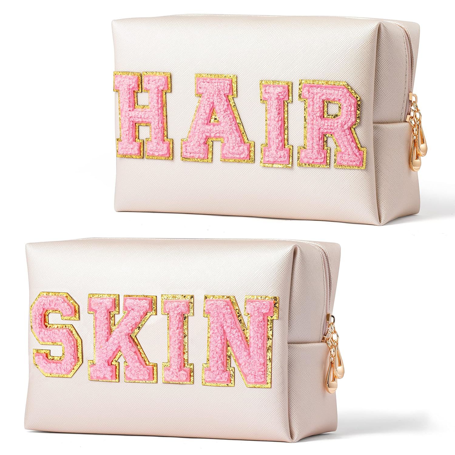 Y1tvei 2Pcs Preppy Patch SKIN HAIR Varsity Letter Cosmetic Toiletry Bag Pink Letter Makeup Bag Zi... | Amazon (US)