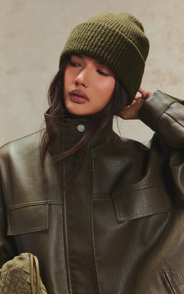 Olive Brushed Knit Fold Over Beanie | PrettyLittleThing UK