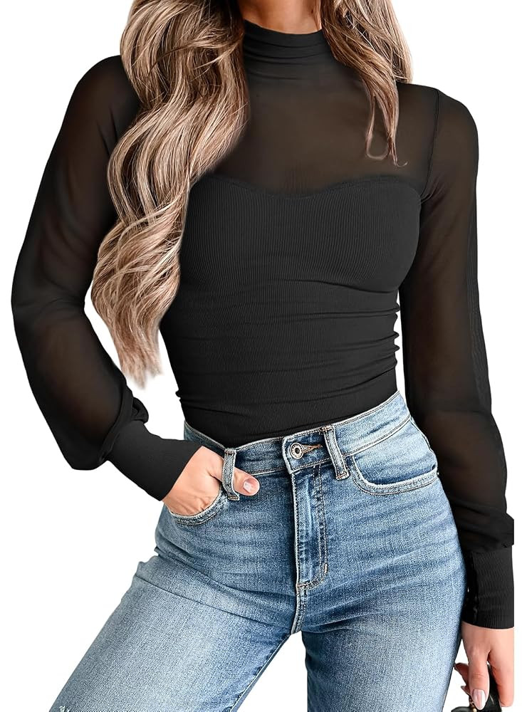 miduo Womens Mock Neck Mesh Sheer Light Up Layering Top Long Sleeve Panel Knit Ribbed Blouses Top... | Amazon (US)