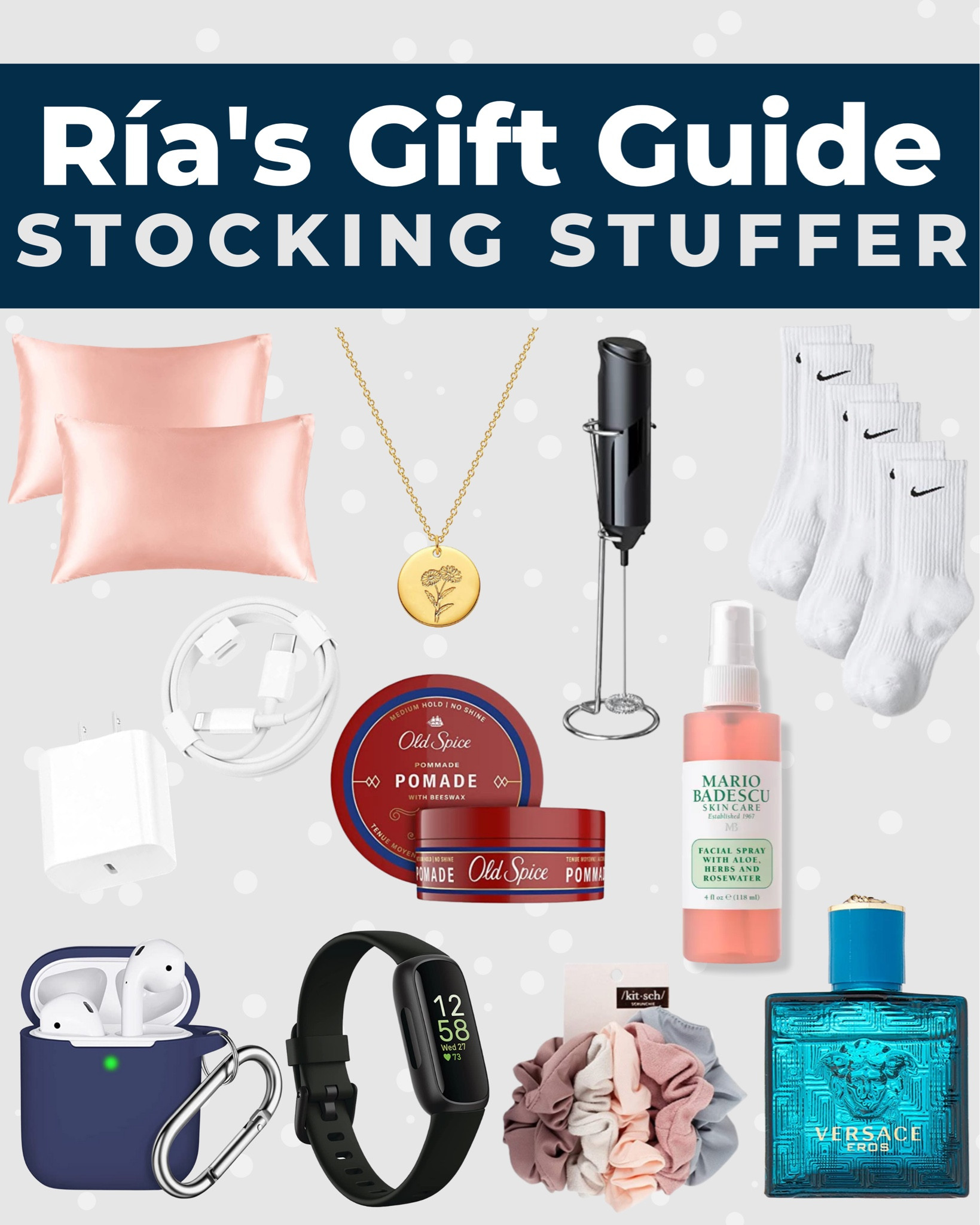 Gift guide- stocking stuffer- gift ideas- gift inspo- amazon- milk frother- Nike socks- Nike- Mario Badescu- scrunchie- gold necklace- satin pillowcase- hair pomade- old spice- charger- Fitbit- watch- airpod case- Versace- cologne- 

#LTKSeasonal #LTKGiftGuide #LTKHoliday