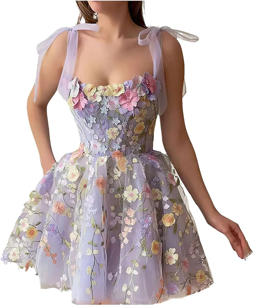 Summer Floral Tie Strap Tulle Prom Dresses for Women 2024 Fairy Embroidery Lace Applique Party Mi... | Amazon (US)