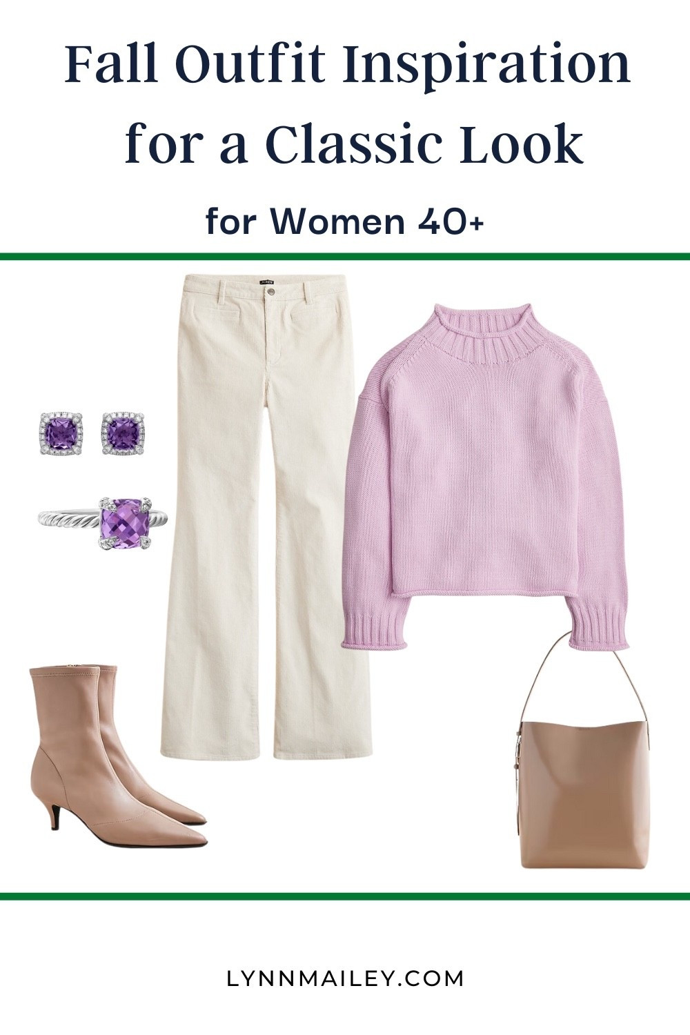 A cozy lilac, mock neck sweater paired with ivory corduroys creates a soft fall look. Ankle boots and amethyst jewelry at an elegant feminine touch.

#LTKSeasonal #LTKMidsize #LTKWorkwear