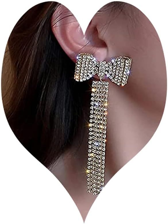 Wiwpar Long Fashion Bow Tassel Earrings Full Diamond Earrings Rhinestone Long Tassels Dangle Earr... | Amazon (US)