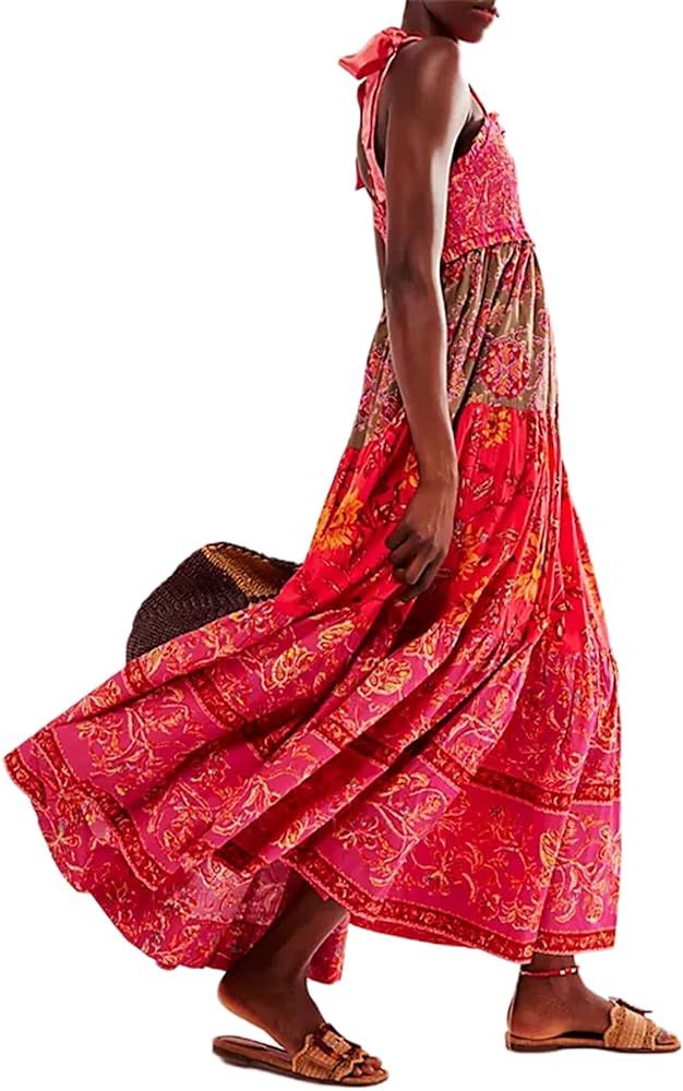 Women Summer Floral Spaghetti Strap Dress Flowy Smocked Tie Up Shoulder Boho Maxi Flowy Swing Dre... | Amazon (US)