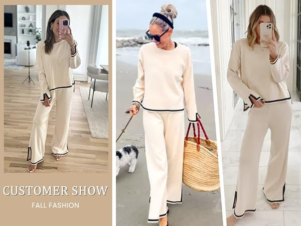 Tanming Women's 2 Piece Outfits Long Sleeve Knit Sweater Top Wide Leg Pants Lounge Sets Tracksuit... | Amazon (US)