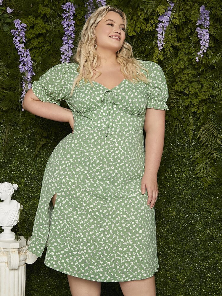 SHEIN FIT+ Plus Ditsy Floral Print Puff Sleeve Knot Front Split Hem Dress | SHEIN