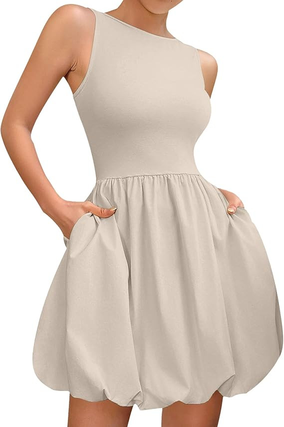Womens Summer Dress Casual Sleeveless Tank Mini Dresses Crew Neck Bubble Sundress with Pockets | Amazon (US)