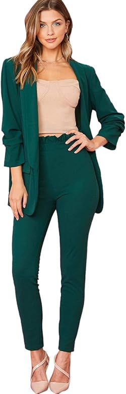 SheIn Women's Two Piece Open Front Long Sleeve Blazer and Elastic Waist Solid Pant Set Suit | Amazon (US)