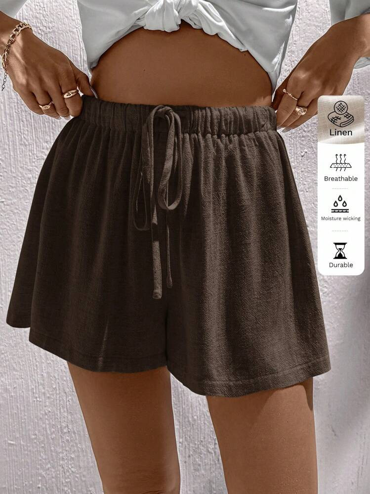 SHEIN X Scot Louie Easowa Linen Casual Women Shorts, Suitable For Spring/Summer Women Shorts Summer Linen Shorts Brown Shorts Women Comfy Shorts Loose Shorts | SHEIN