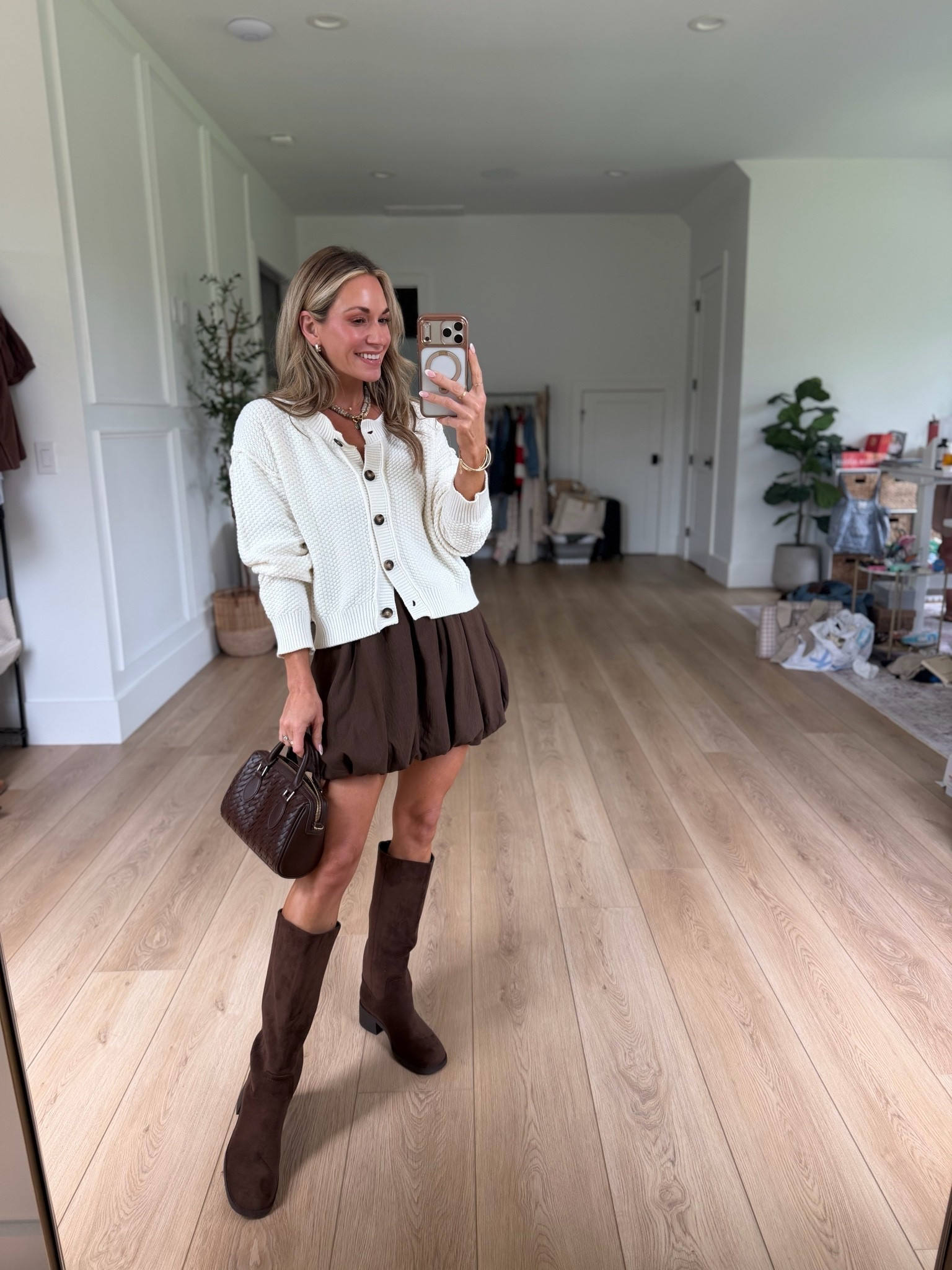 the perfect fall transition outfit 🤎 loving this skirt! I am 5’2” and wearing my true size x-small in skirt & sweater and size 7.5 in the boots! Boots run tts!

#LTKootd #LTKPetite