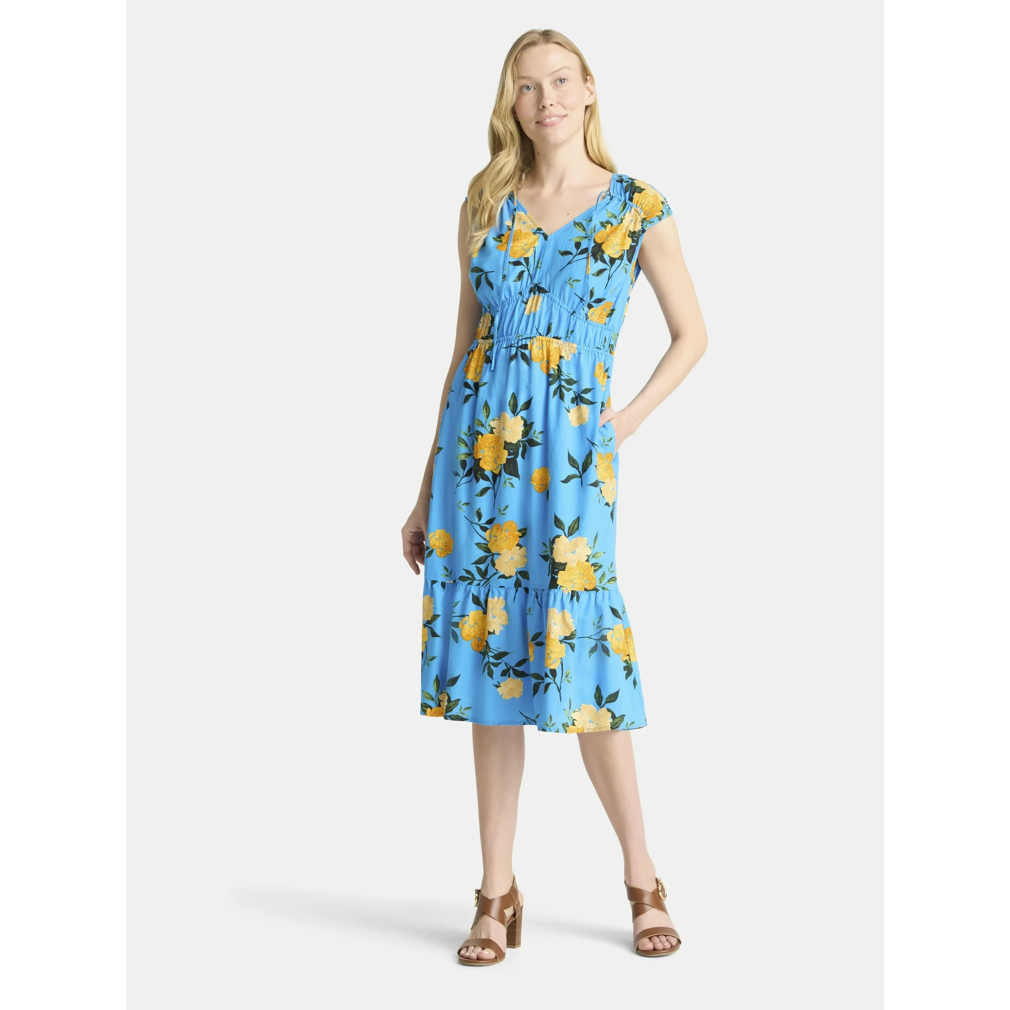 Time and Tru Women's V-Neck Midi Dress, Sizes XS-XXXL | Walmart (US)