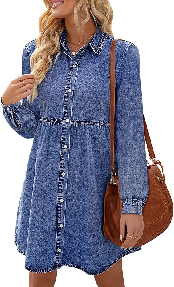 LookbookStore Long Sleeve Denim Dress for Women Jean Dress Button Down Casual Babydoll Denim Shirt D | Amazon (US)