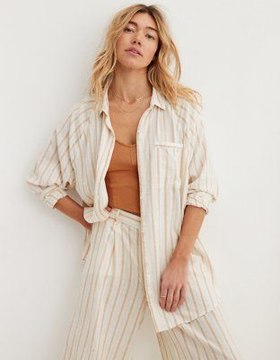 Aerie Pool-To-Party Linen Blend Cover Up Shirt | American Eagle Outfitters (US & CA)