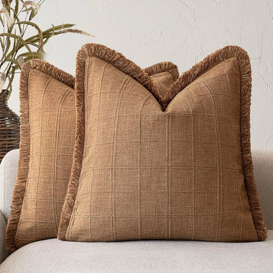 Foindtower Set of 2 Decorative Linen Check Fringe Throw Pillow Covers Farmhouse Vintage Cushion C... | Amazon (US)
