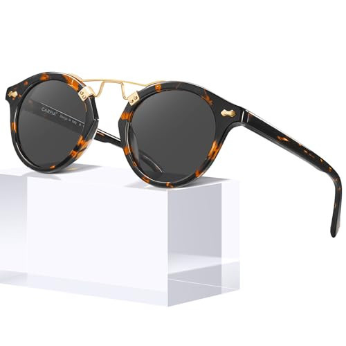CARFIA Small Acetate Polarized Sunglasses for Women UV Protection, Retro Double Bridge Eyewear Metal Brow Round Sunnies | Amazon (US)