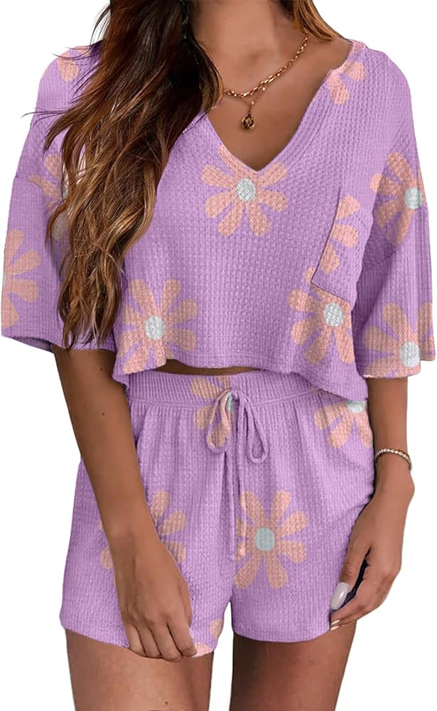 Ekouaer Women Pajama Sets Waffle Knit Lounge Sets Short Sleeves Crop Top 2 Piece Pj Shorts Set | Amazon (US)