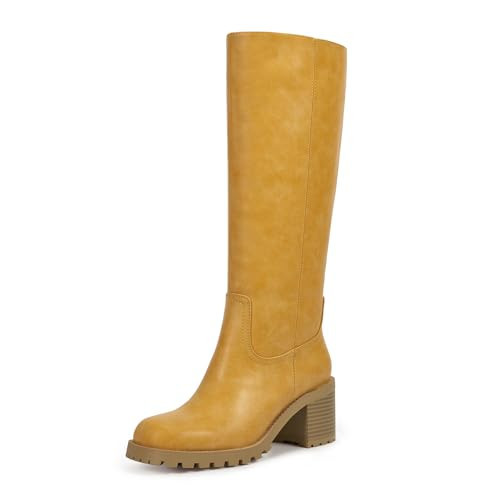 ISNOM Banana Knee High Boots for Women Square Toe Block Heel Riding Boots with Chunky Non-Slip Lug Sole Side Zipper Comfortable Campus Platform Tall Boot (Banana Size7.5) | Amazon (US)