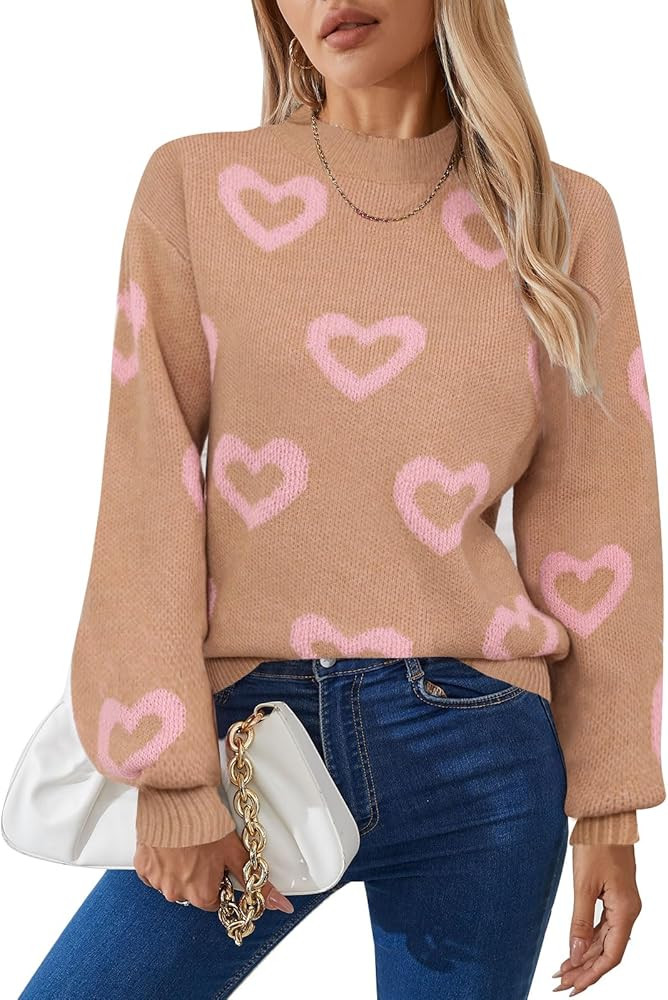 Women's Long Sleeve Mock Neck Sweaters Loose Casual Cute Heart Pullover Sweater | Amazon (US)