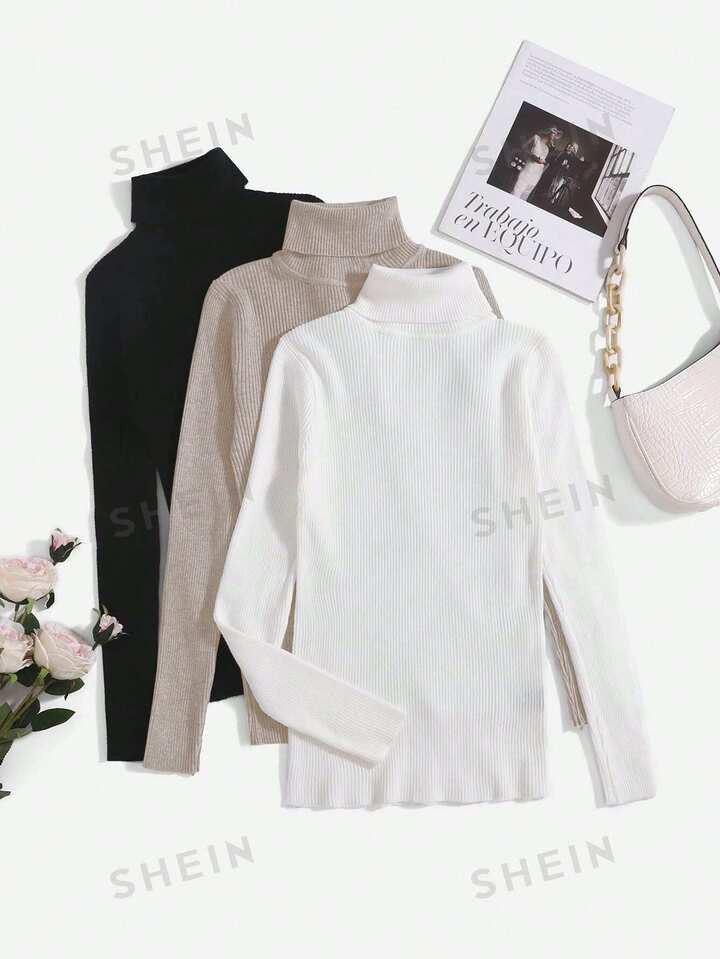 SHEIN Essnce 3pcs Solid Turtleneck Rib-Knit Sweater | SHEIN
