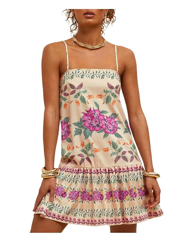 Women's Floral Boho Flowy Mini Cami Dress Ruffle Hem Spaghetti Strap Vacation Tank Dresses | Amazon (US)
