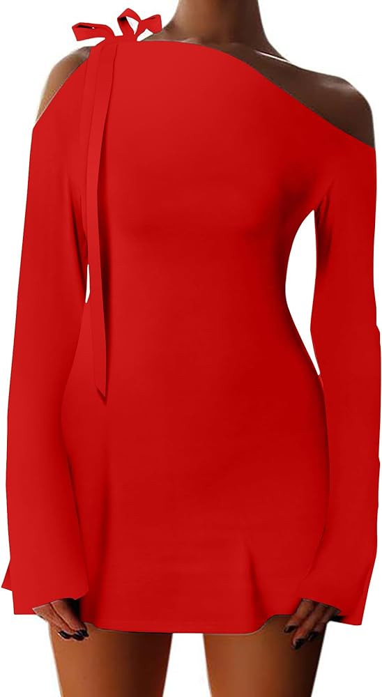 HYPERFIRE Women's Shoulder Tie Long Sleeve Asymmetrical Dress Boat Neck Mini Cocktail Dresses | Amazon (US)