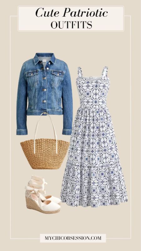 Try this summery look this Memorial Day weekend or save it for the Fourth of July. Style a patterned maxi dress with a denim jacket, a woven basket, and espadrilles.

#LTKSeasonal #LTKStyleTip