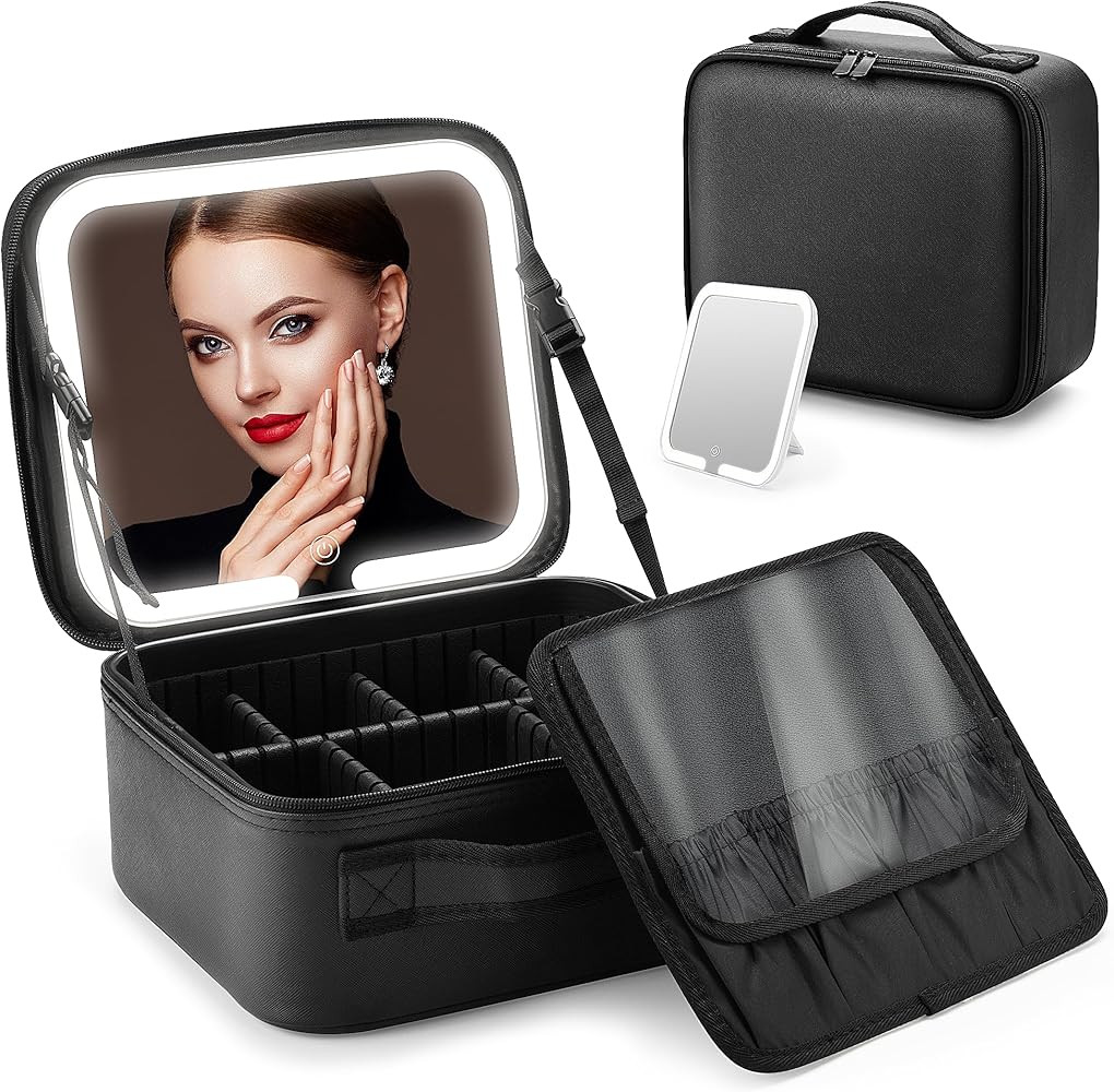 Makeup Bag with Led Mirror, Adjustable Dividers Travel Makeup Bag, 3 Type Light, Cosmetic Travel ... | Amazon (US)