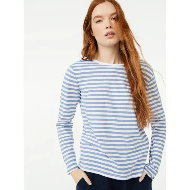 Free Assembly Women's Breton Stripe T-Shirt with Drop Shoulder Long Sleeves - Walmart.com | Walmart (US)