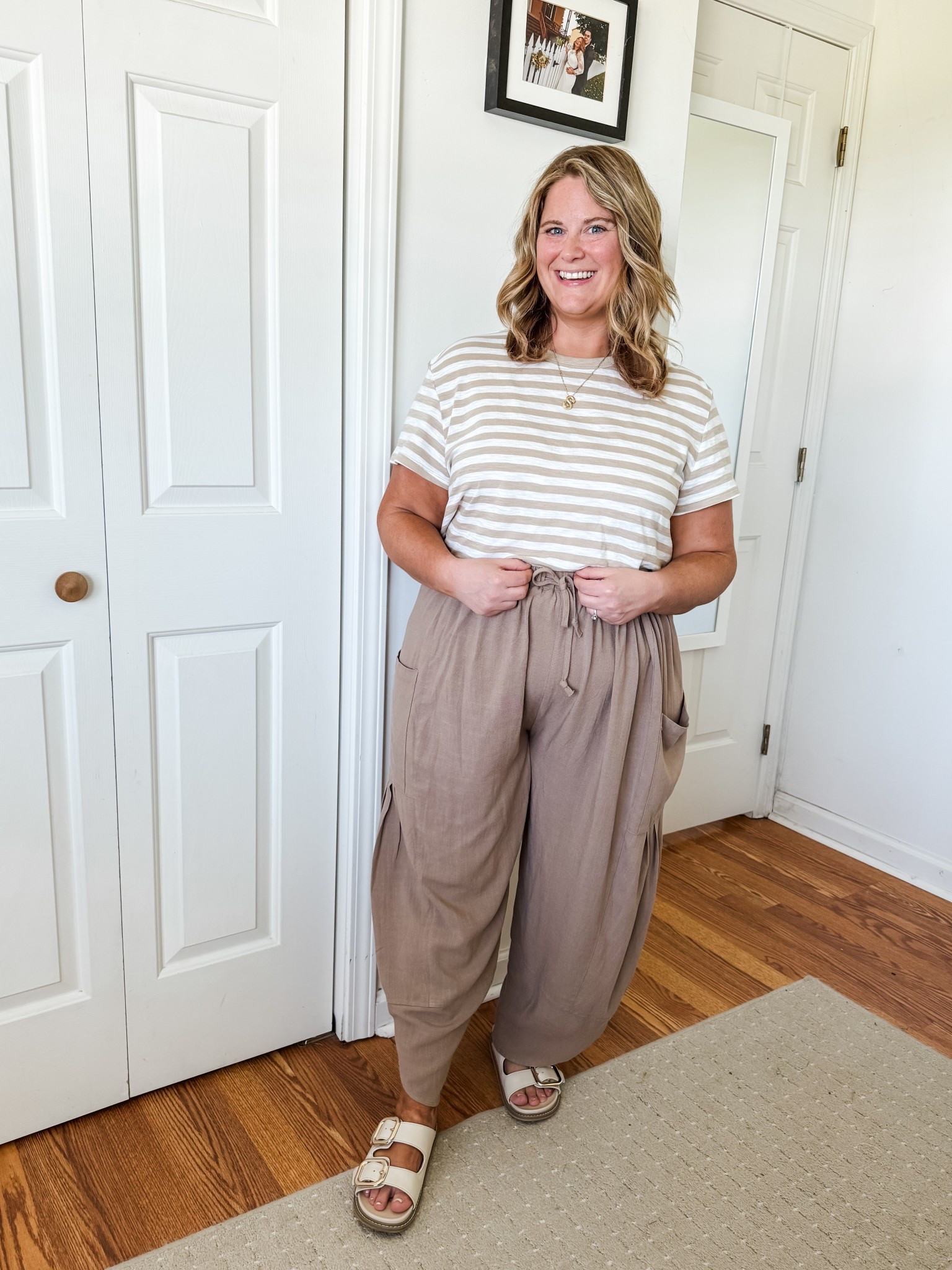 Summer outfit idea for a hot day - and a great one if you don’t like wearing shorts!  These linen pants are super comfy and great at hiding your belly.  I love the neutrals in this one but the pants come in tons of colors! Wearing a large in pants and an XL in tee (but wish I had done a large- runs big)  

#LTKFindsUnder50 #LTKMidsize #LTKPetite