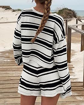 Langwyqu Womens Striped Pajama Sets Long Sleeve Crewneck Sweater Top and Shorts 2 Piece Outfits L... | Amazon (US)