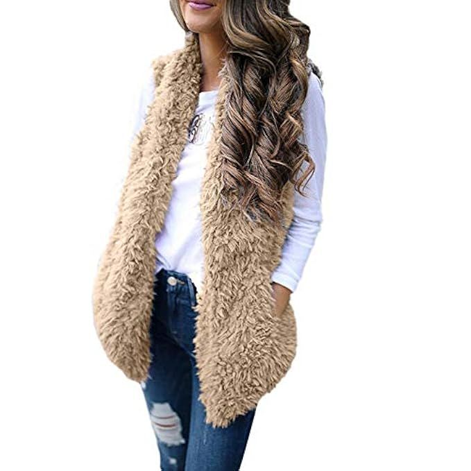 Perman Ladies Winter Warm Faux Fur Sleeveless Vest Solid Casual Waistcoat Coat for Women with Pocket | Amazon (US)