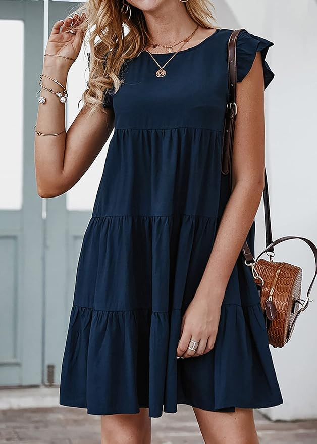 KIRUNDO Women's Summer Dresses Sleeveless Ruffle Sleeve Round Neck Solid Loose Short Flowy Pleate... | Amazon (US)