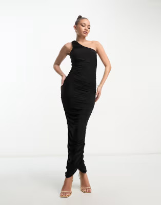 Femme Luxe one shoulder ruched bodycon maxi dress in black | ASOS (Global)