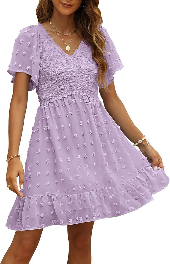 TECREW Womens Smocked Short Sleeve V Neck Mini Dress Summer Swiss Dot Flowy Short Dress | Amazon (US)