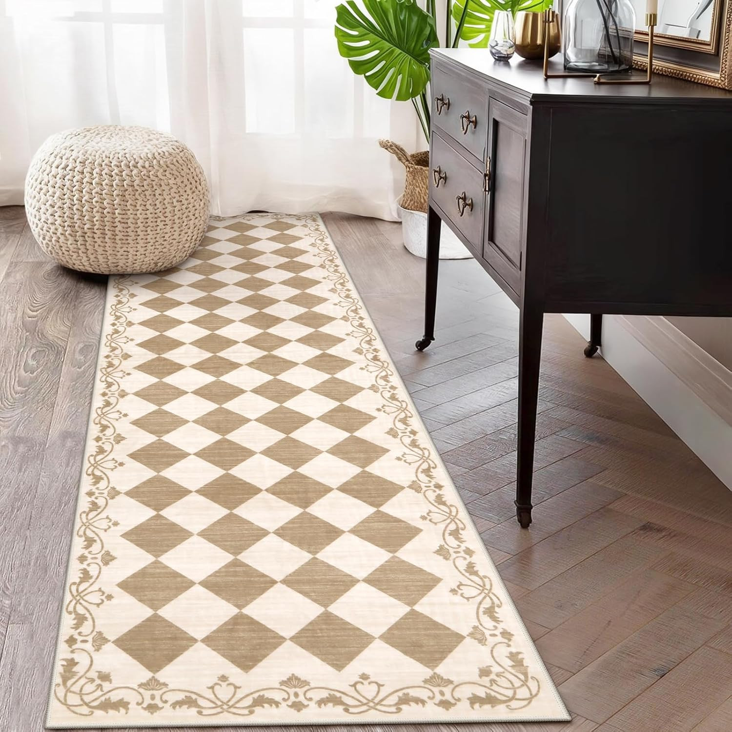 Checkered Runner Rug for Hallway 2.5x8 Non Slip Washable Runner Rug for Kitchen 2.5x8, Beige Neutral Bathroom Home Decor Plaid Diamond Low Pile Print Carpet for Entryway Bedroom Laundry | Amazon (US)