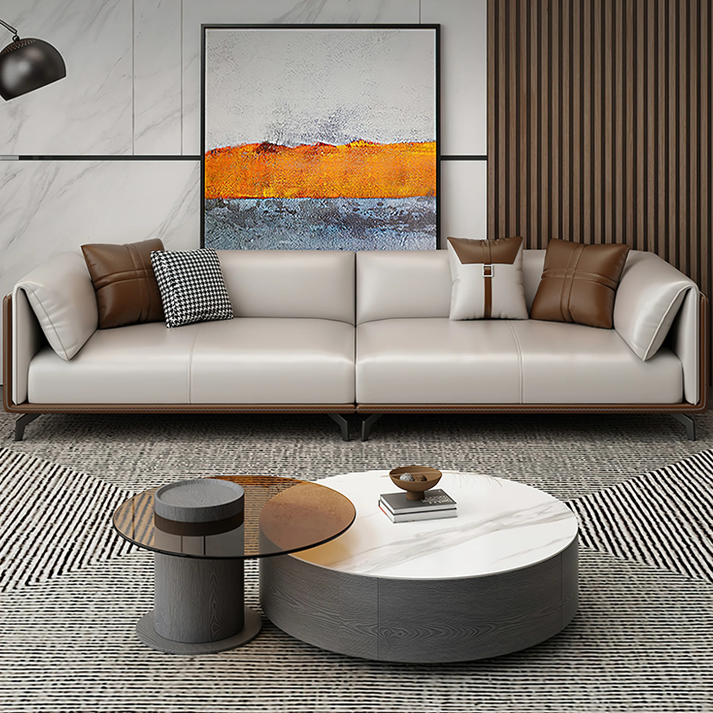 86.6" Modern Gray/Brown Faux Leather 3-Seater Sofa,Living Room Couch | Wayfair North America