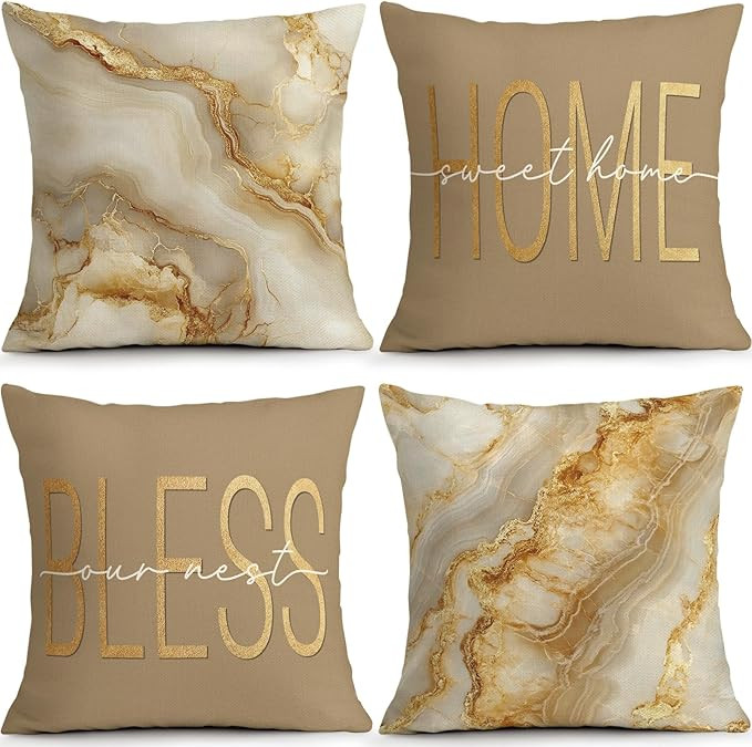 OBSEDE Inspirational Beige Marble Decorative Throw Pillow Covers 18 × 18 in, Set of 4, Couch Cus... | Amazon (US)