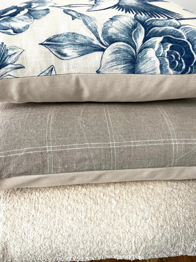 Natural and Cream Windowpane 100% Linen Pillow Covers, Off White Cotton Back, Cover Only, Throw P... | Etsy (Global)